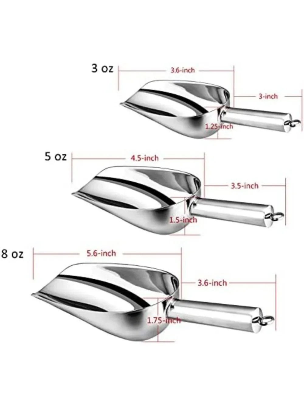 Set of 3 Stainless Steel Scoops (3oz, 5oz, 8oz) - Perfect for Kitchen Canisters